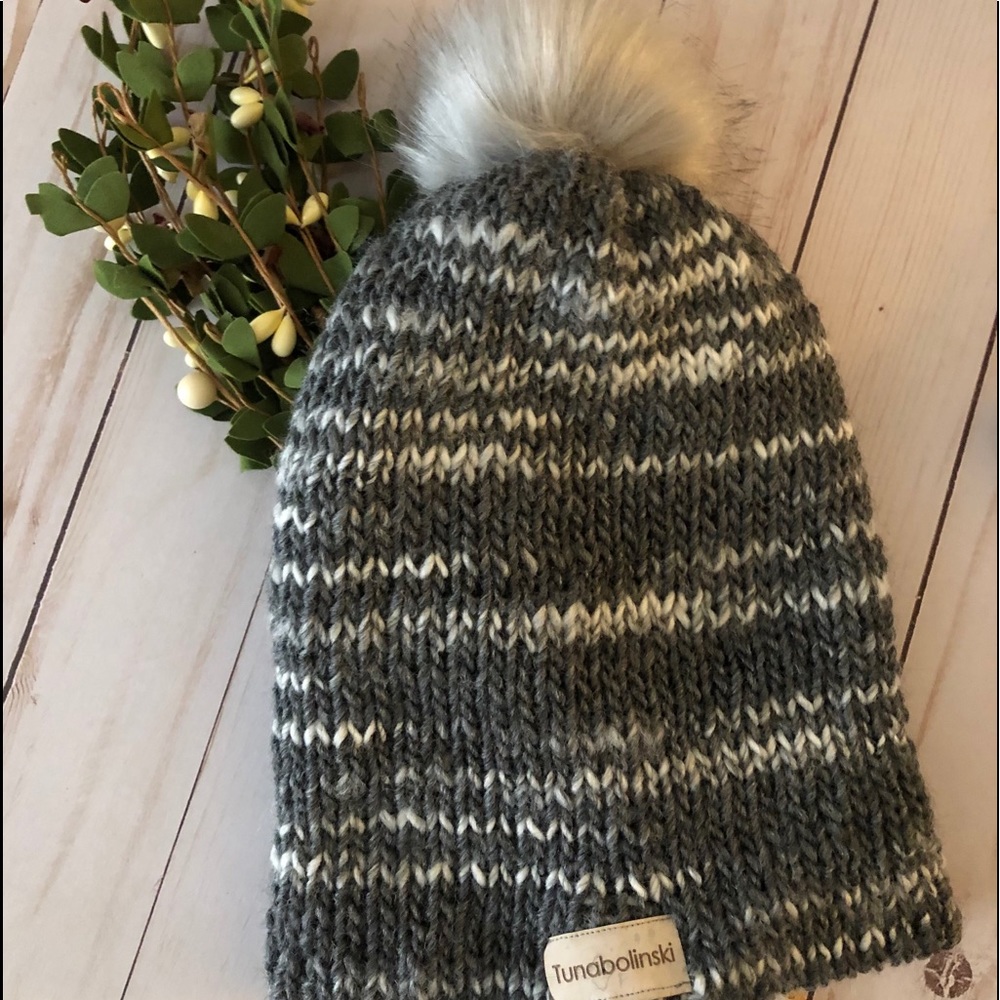 Gray and White Slouchy Pom Pom Beanie